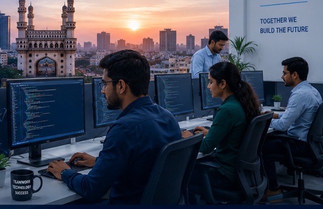 Reqon Technologies engineers at work in the Hyderabad delivery centre, with the city skyline beyond