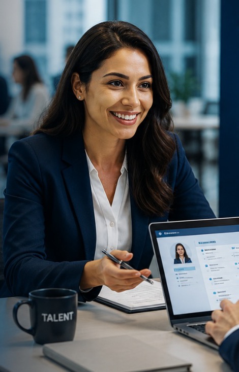 A recruiter reviewing a candidate profile with a hiring manager in a bright modern office