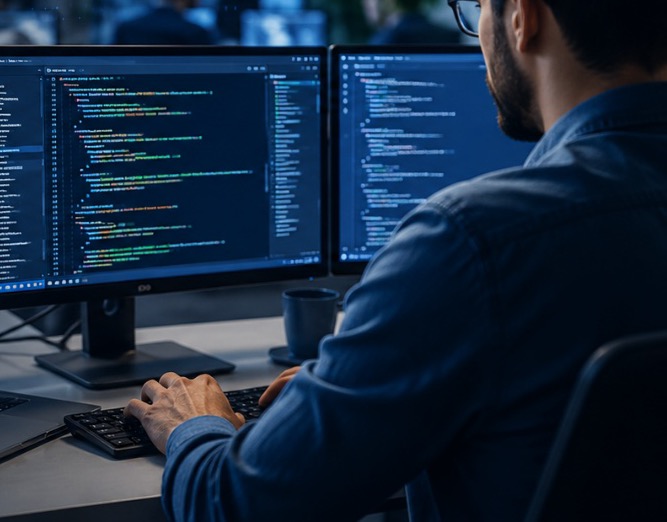 A software developer reviewing code across two monitors in a modern development office