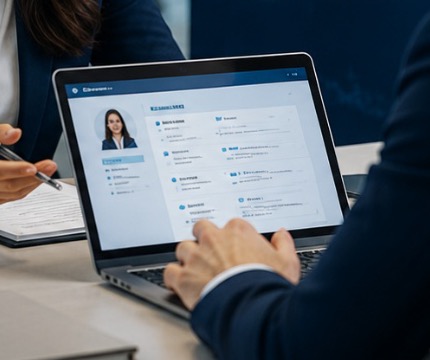 Candidate profiles and a resume under review during a hiring discussion